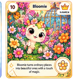 Bloomie full-colour Loomie trading card, number 10, with a Rare rarity badge.