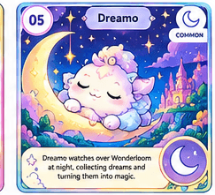 Dreamo full-colour Loomie trading card, number 05, with a Common rarity badge.
