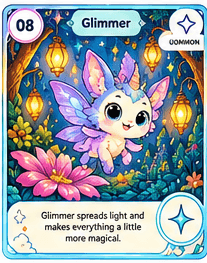 Glimmer full-colour Loomie trading card, number 08, with a Common rarity badge.