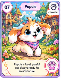 Pupcie full-colour Loomie trading card, number 07, with a Common rarity badge.