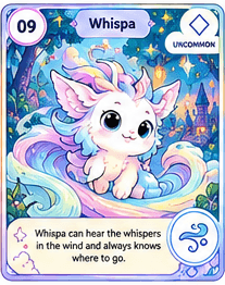 Whispa full-colour Loomie trading card, number 09, with an Uncommon rarity badge.