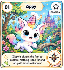 Zippy full-colour Loomie trading card, number 01, with a Common rarity badge.